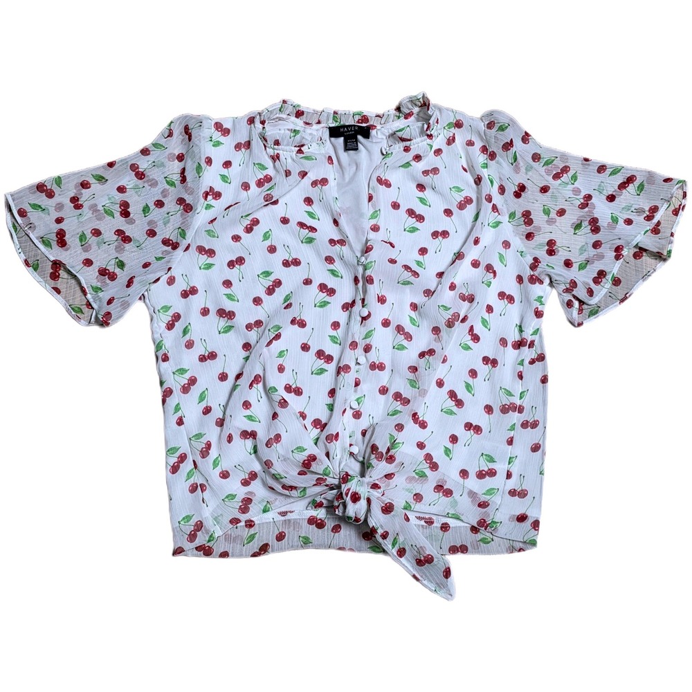 Haver‎ London Cherry Print Ruffle Neck Blouse Women's Size XS White Tie Front